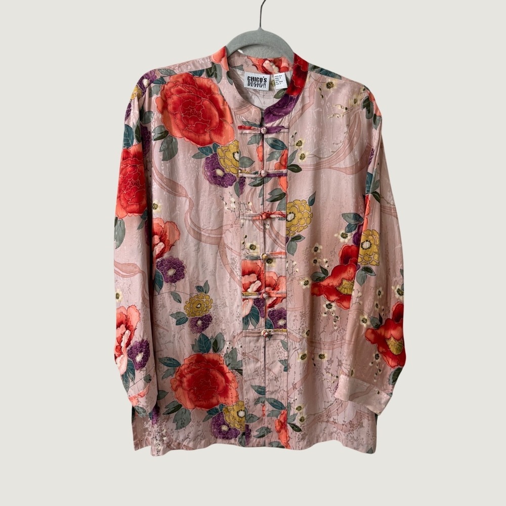 Chico's Design 200% Silk Floral Blouse Pink Frog Closure Sz 2 (Large) Asian Boho